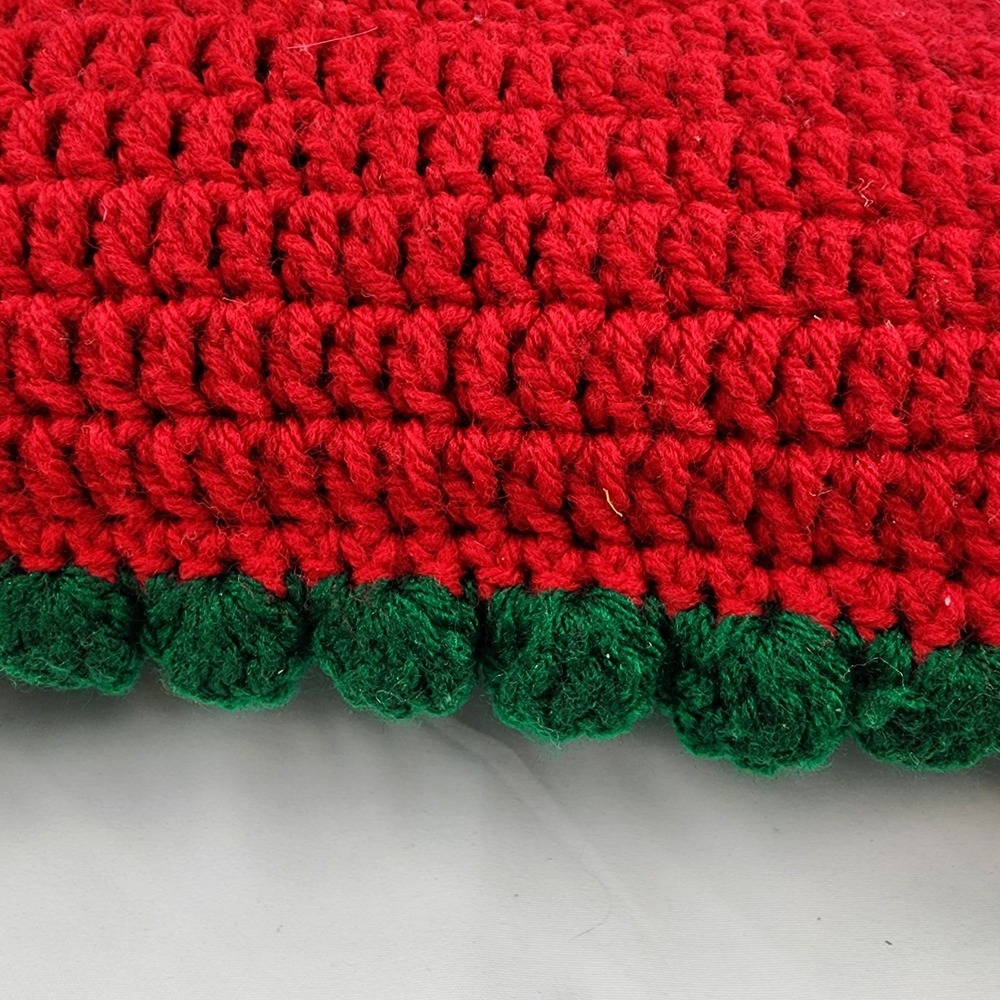 Crochet Santa Pillow 14"x13" Christmas Holiday Gift Jingle Bell Red Green - Picture 6 of 6